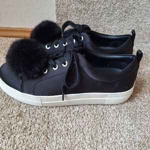 J/Slides Womens Black Satin Puff Ball Lace Up Platform Sneakers Size 8